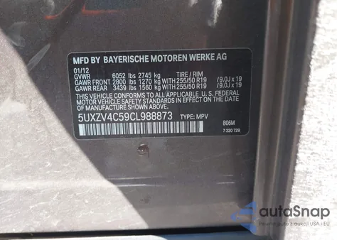 2012 BMW X5 xDrive35I/xDrive35I Premium/xDrive35I Sport Activity z USA, uszkodzony, nr VIN 5UXZV4C59CL988873